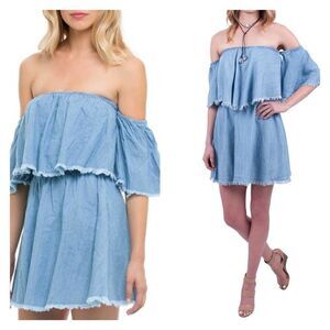 Elan Off -Shoulder Blue Ruffle -Layer Raw Edge Off-Shoulder Mini Dress